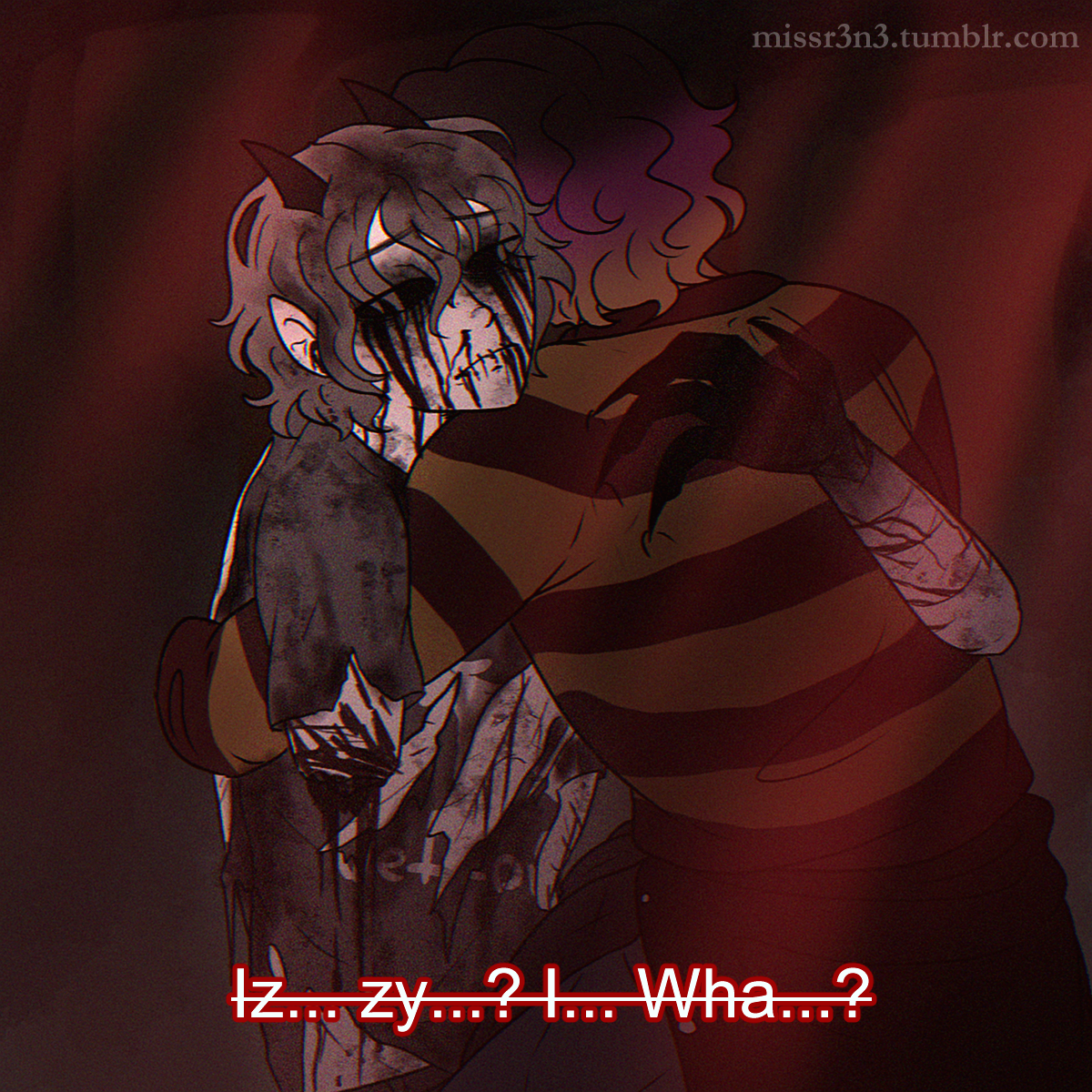 joshua and isaac embrace each other after joshua escapes the nightmare sand pit. joshua faces the camera while isaac's back is turned. text on the bottom of the image styled after anime fansubs reads: 'Iz... zy? I... Wha...?'